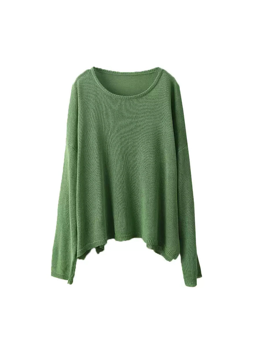Women Spring O-Neck Thin Knit Linen T-Shirt