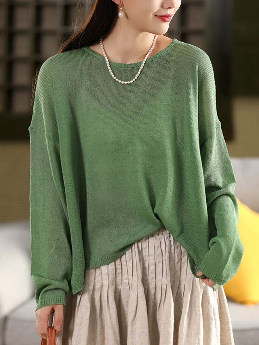 Women Spring O-Neck Thin Knit Linen T-Shirt