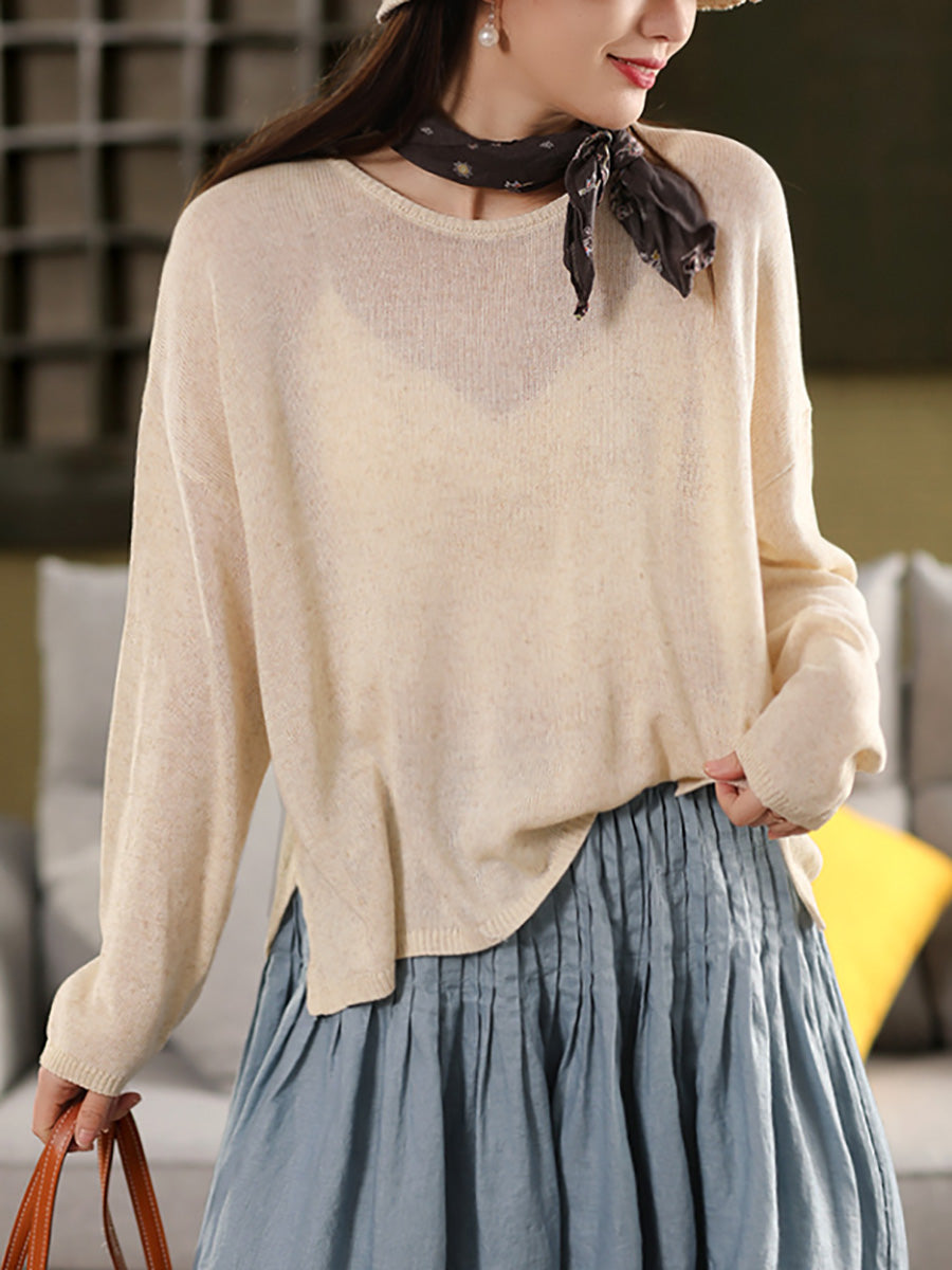 Women Spring O-Neck Thin Knit Linen T-Shirt