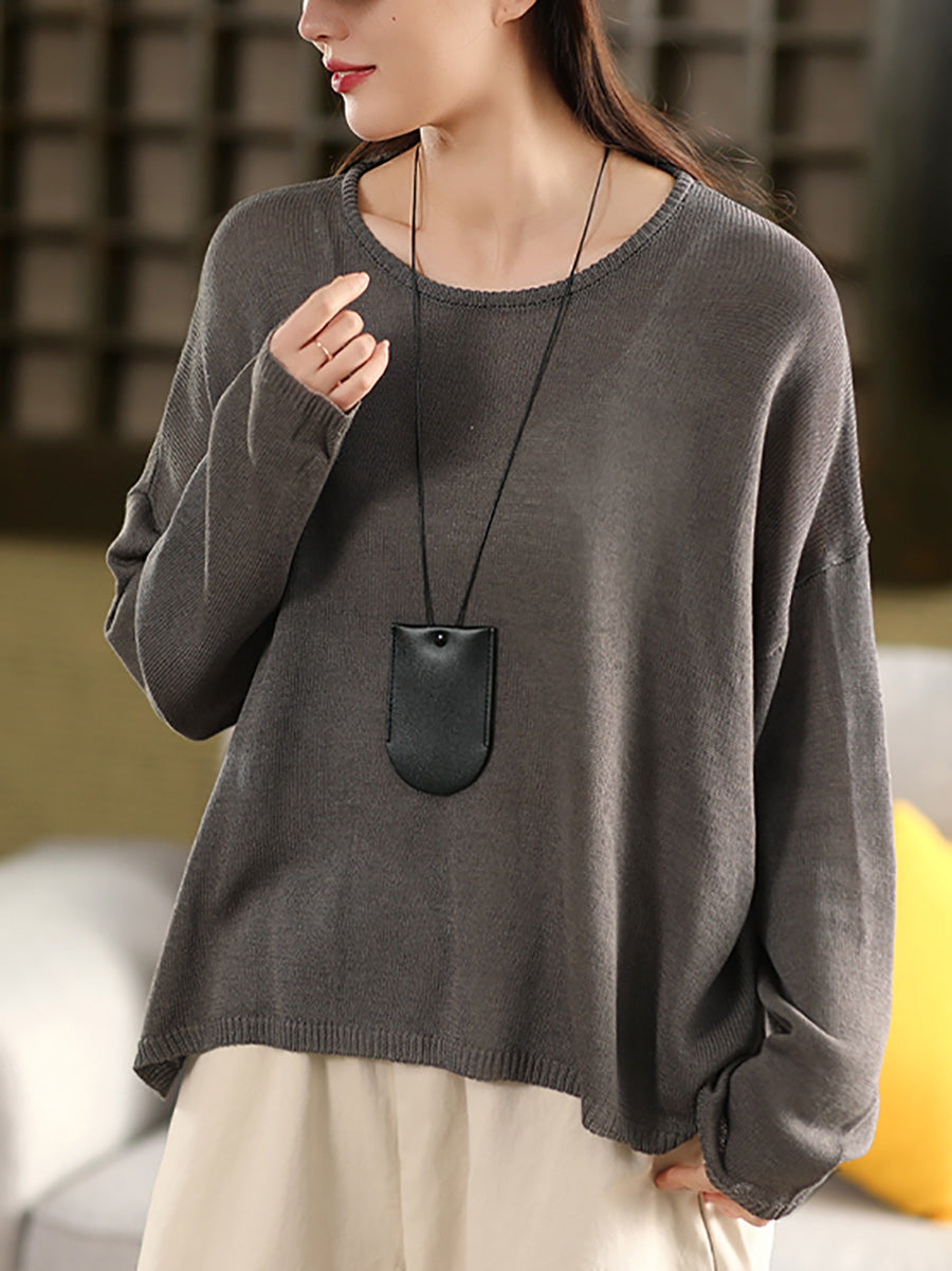 Women Spring O-Neck Thin Knit Linen T-Shirt