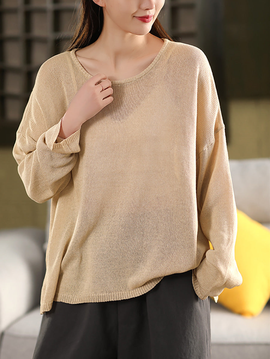 Women Spring O-Neck Thin Knit Linen T-Shirt