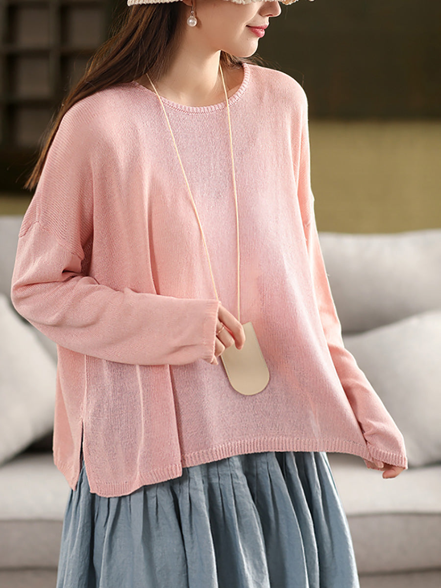 Women Spring O-Neck Thin Knit Linen T-Shirt