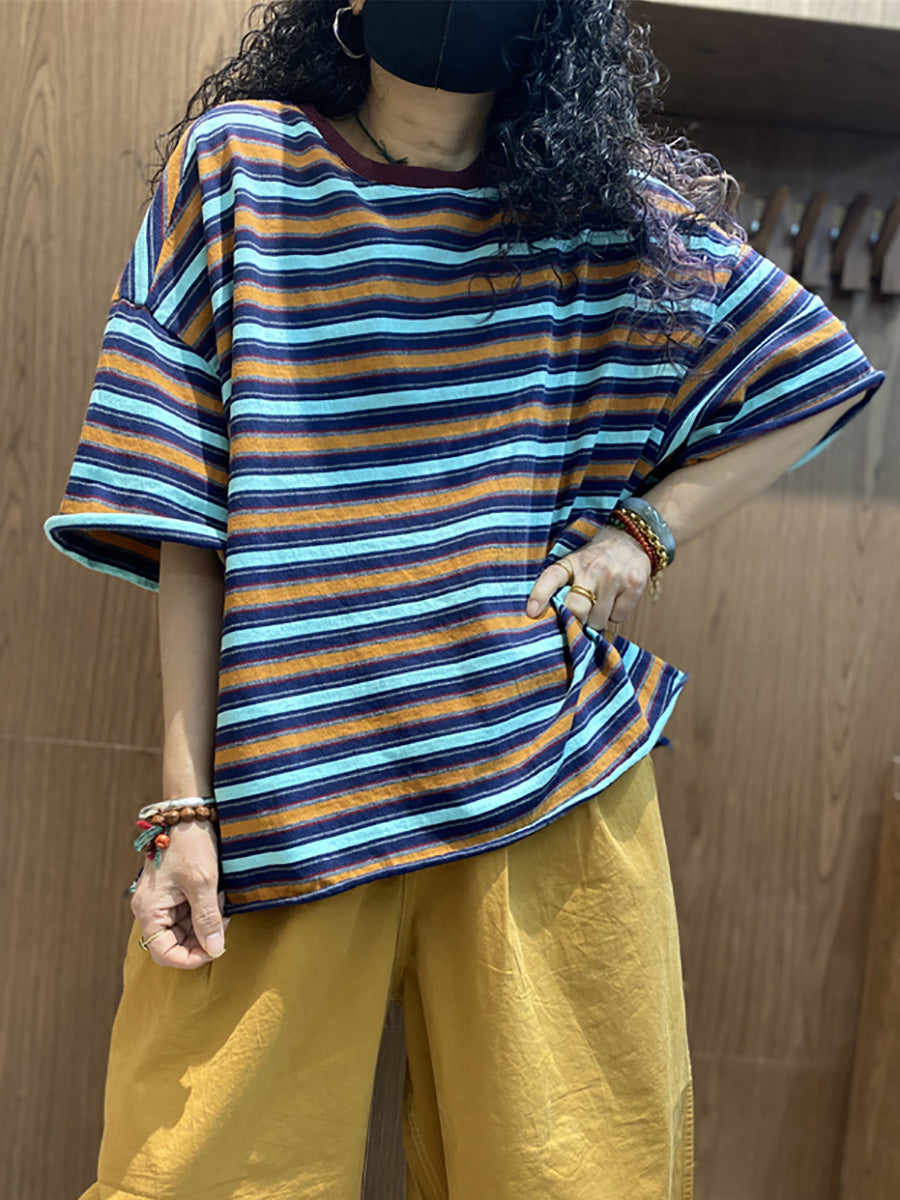 Plus Size Women Summer Casual Stripe O-Neck Cotton T-Shirt