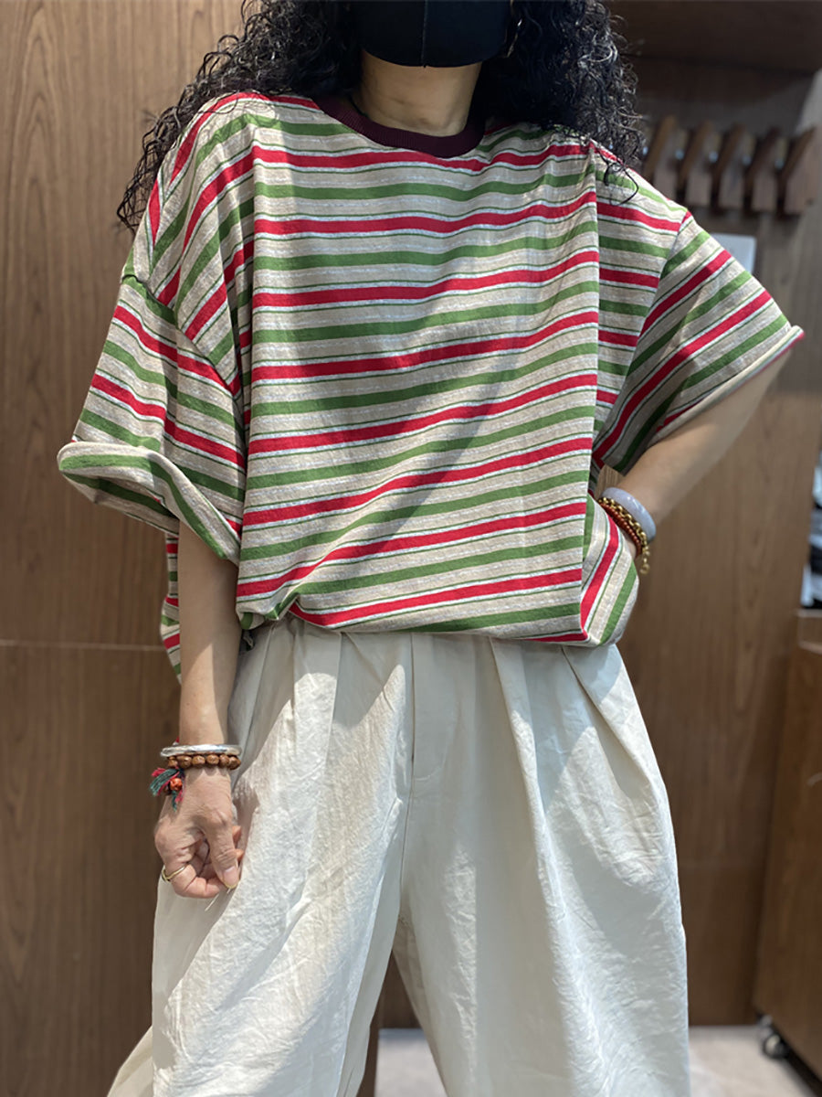 Plus Size Women Summer Casual Stripe O-Neck Cotton T-Shirt