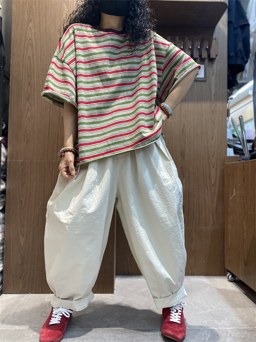 Plus Size Women Summer Casual Stripe O-Neck Cotton T-Shirt