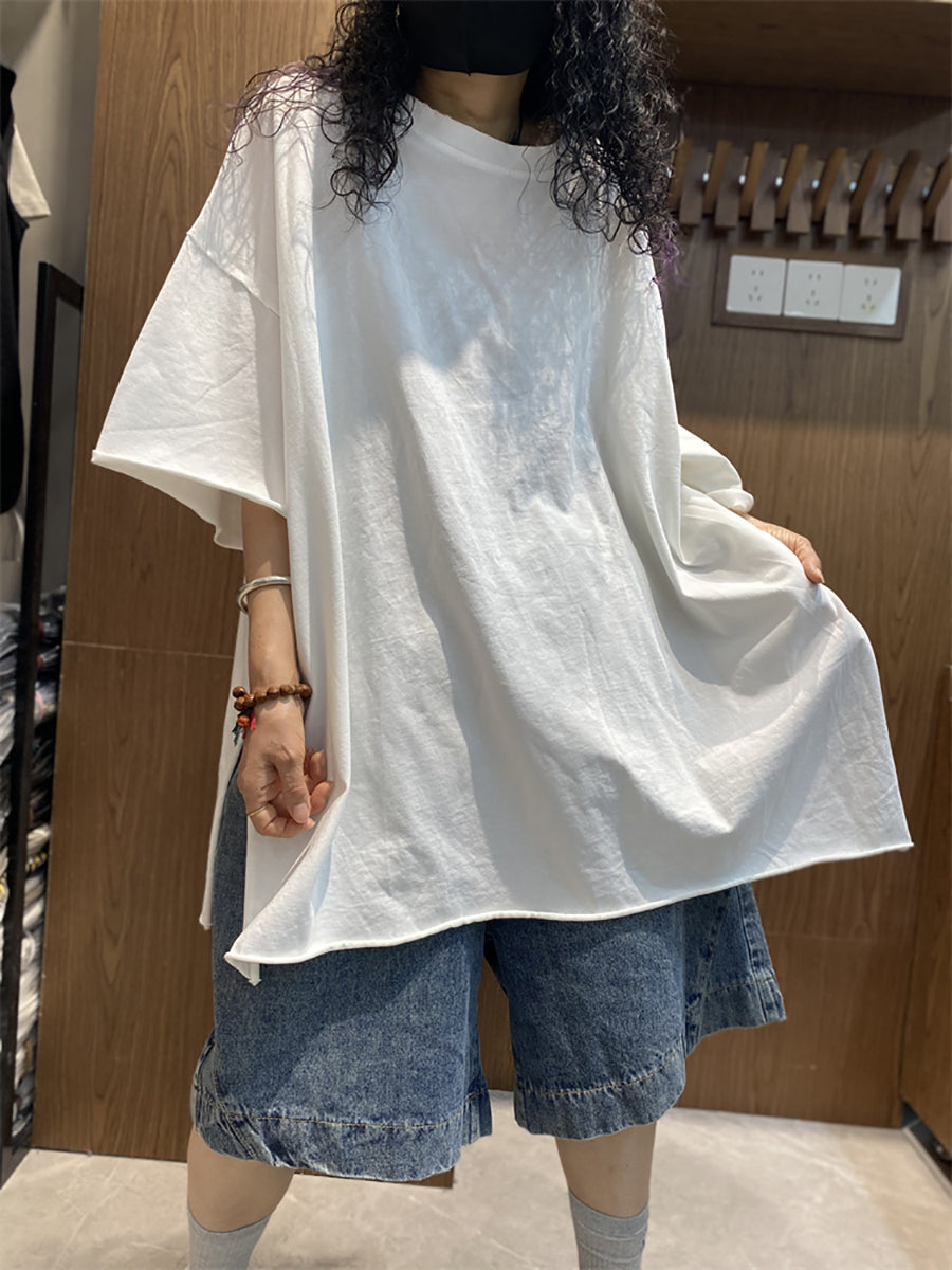 Plus Size Women Summer Casual Pure Color O-Neck Cotton T-Shirt