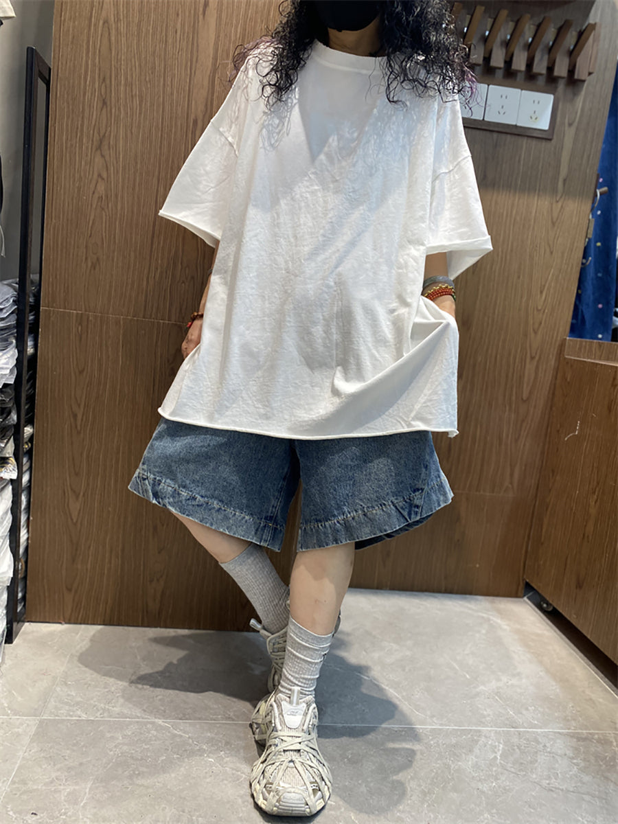 Plus Size Women Summer Casual Pure Color O-Neck Cotton T-Shirt