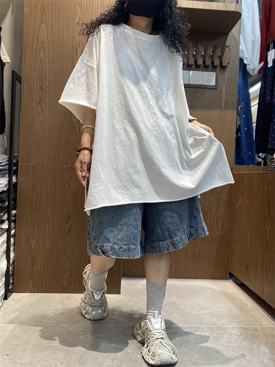Plus Size Women Summer Casual Pure Color O-Neck Cotton T-Shirt