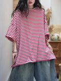 Plus Size Women Summer Artsy Stripe O-Neck Cotton T-Shirt