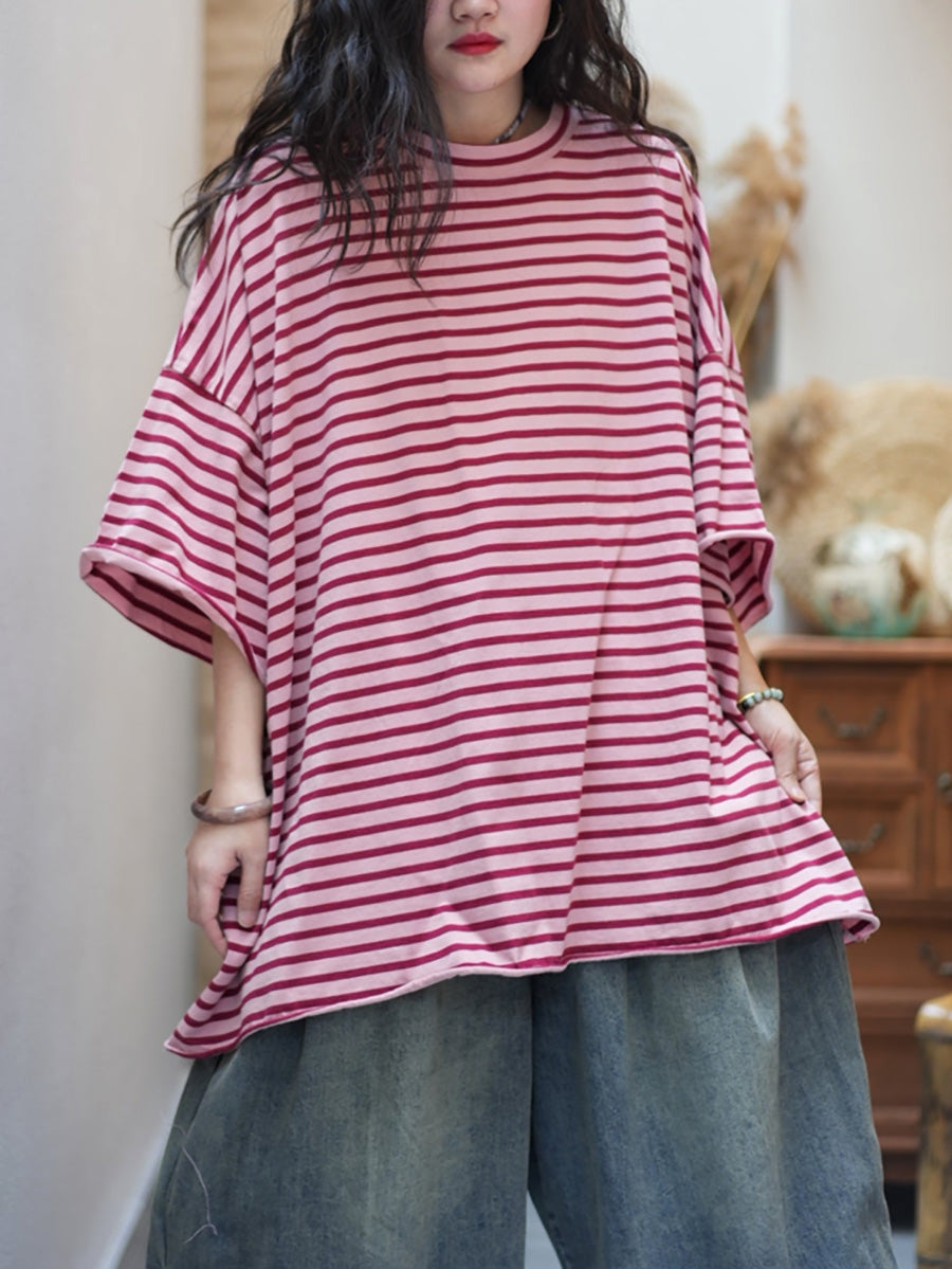 Plus Size Women Summer Artsy Stripe O-Neck Cotton T-Shirt