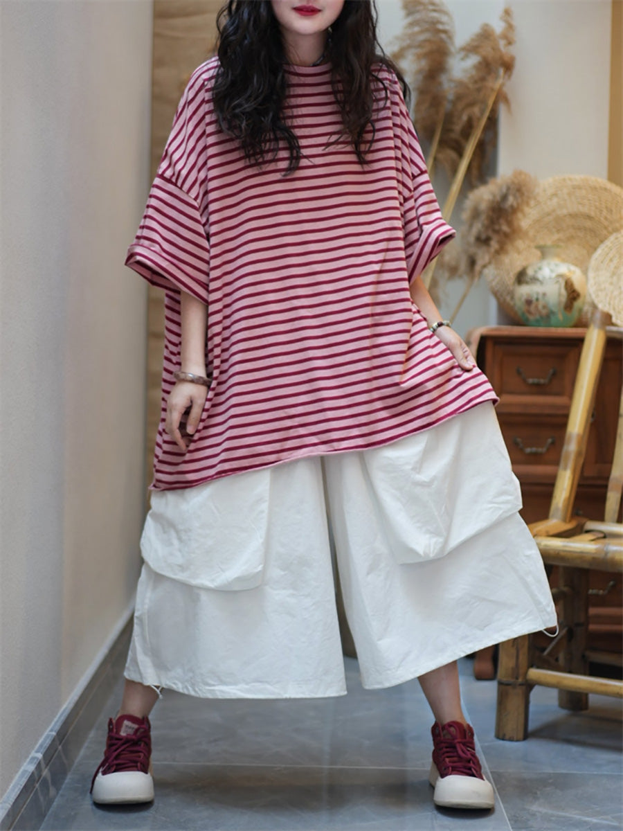 Plus Size Women Summer Artsy Stripe O-Neck Cotton T-Shirt