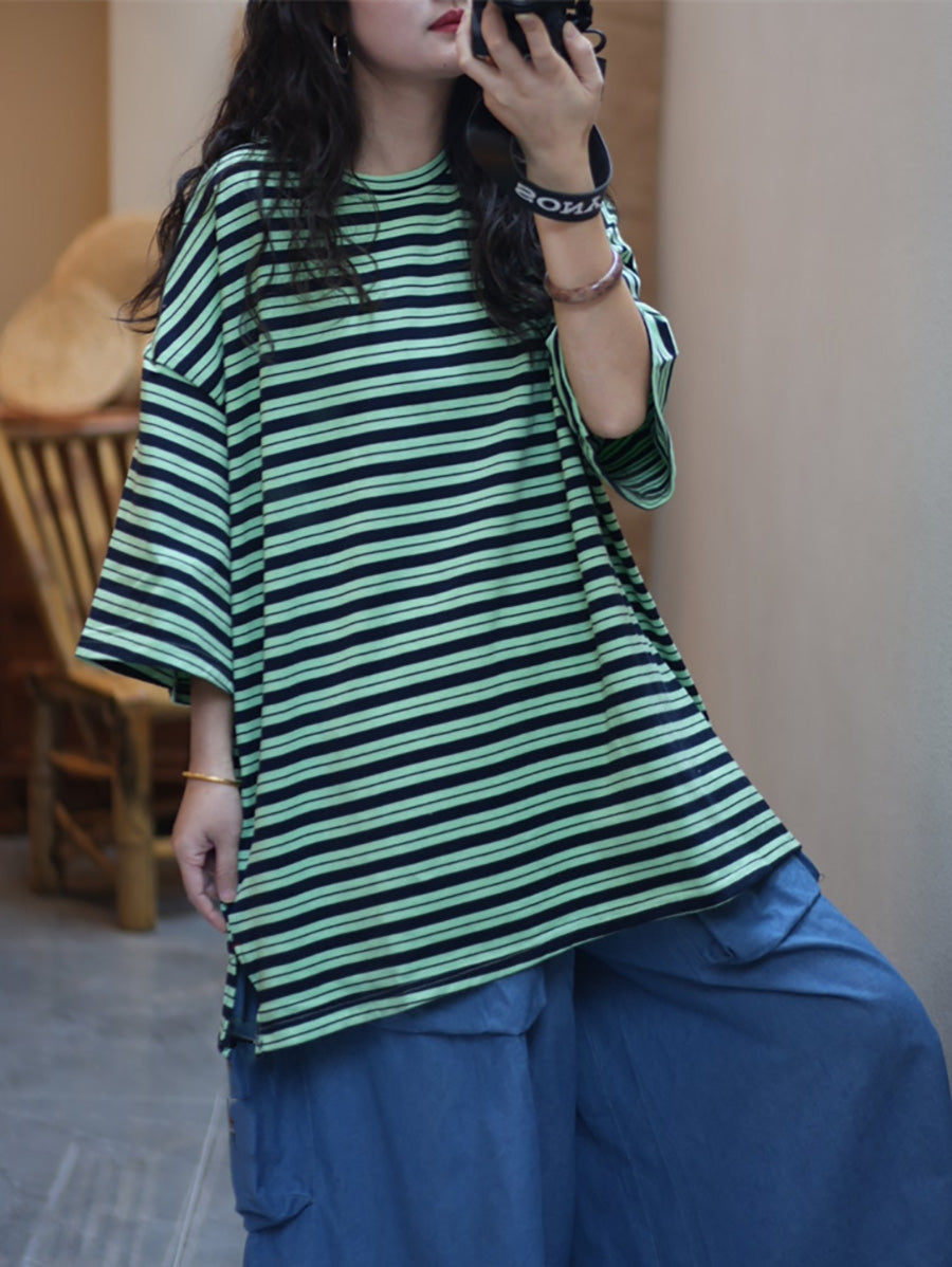 Plus Size Women Summer Artsy Stripe O-Neck Cotton T-Shirt