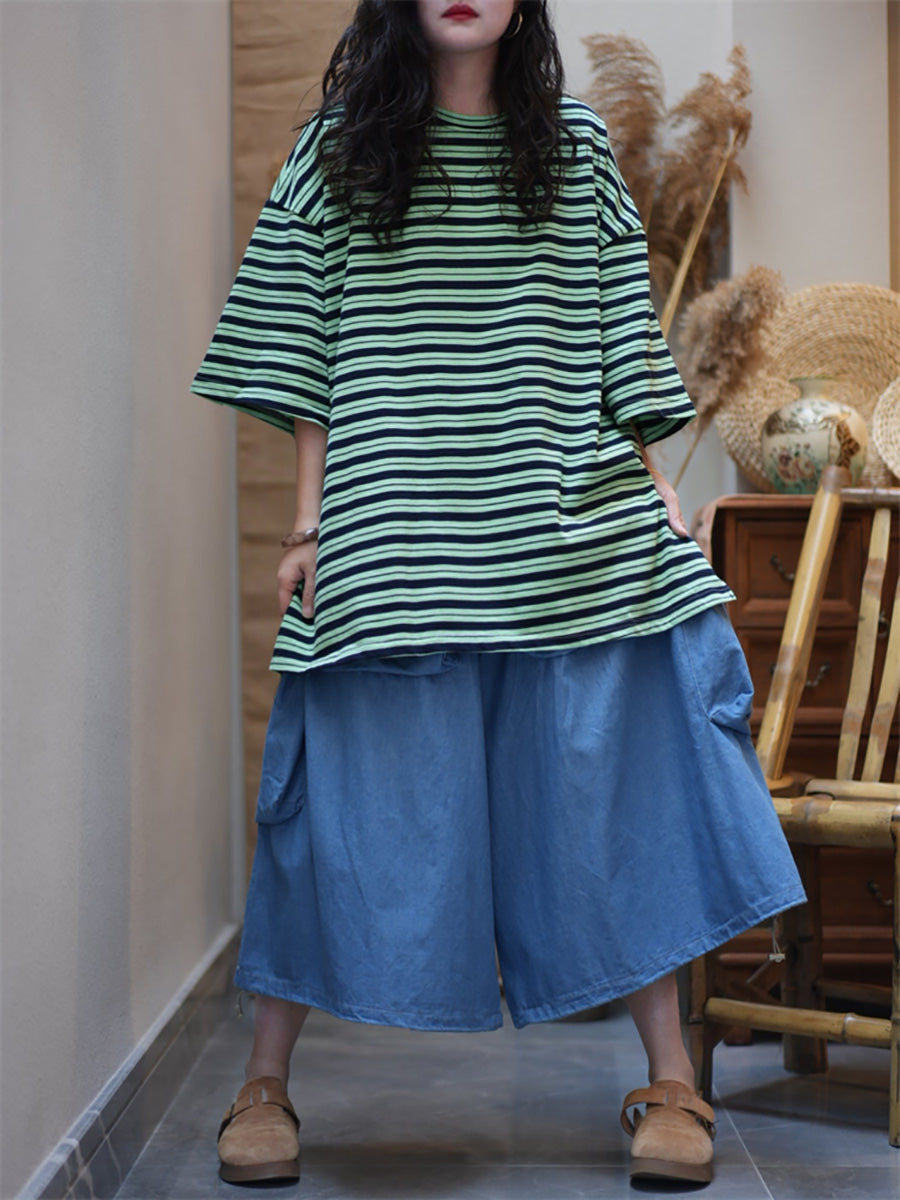 Plus Size Women Summer Artsy Stripe O-Neck Cotton T-Shirt