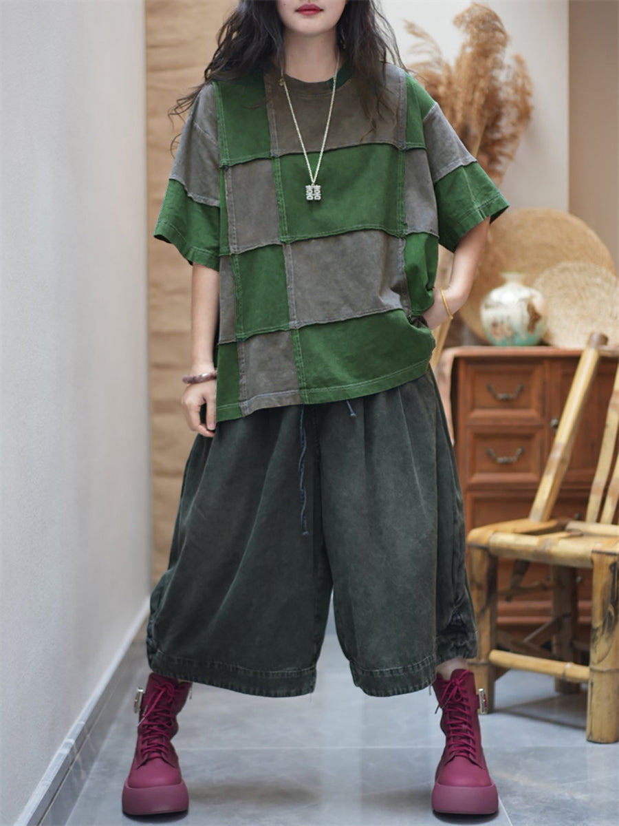 Plus Size Women Summer Retro Colorblock Plaid O-Neck Cotton T-Shirt