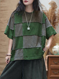 Plus Size Women Summer Retro Colorblock Plaid O-Neck Cotton T-Shirt