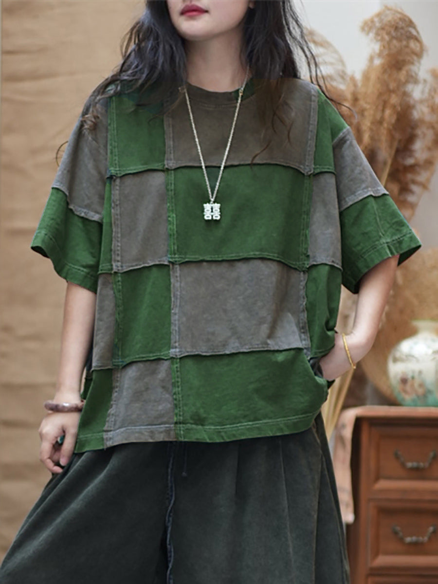 Plus Size Women Summer Retro Colorblock Plaid O-Neck Cotton T-Shirt