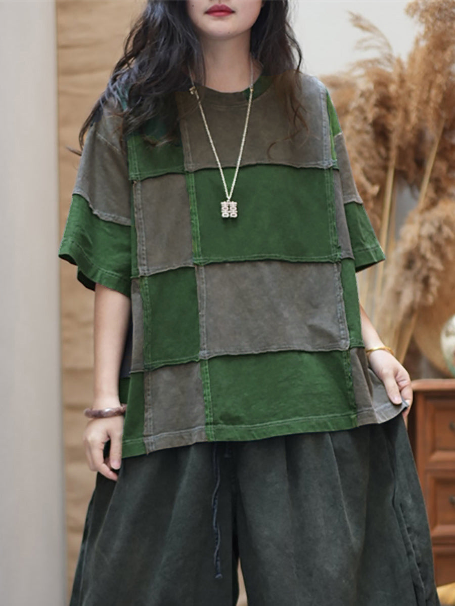 Plus Size Women Summer Retro Colorblock Plaid O-Neck Cotton T-Shirt