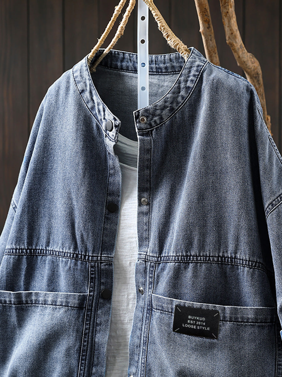 Plus Size Women Summer Retro Pure Color Stand Collar Denim Coat