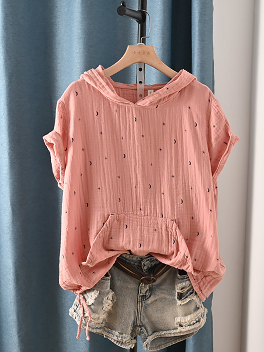 Plus Size Women Summer Casual Print Hooded 100%Cotton Hoodie