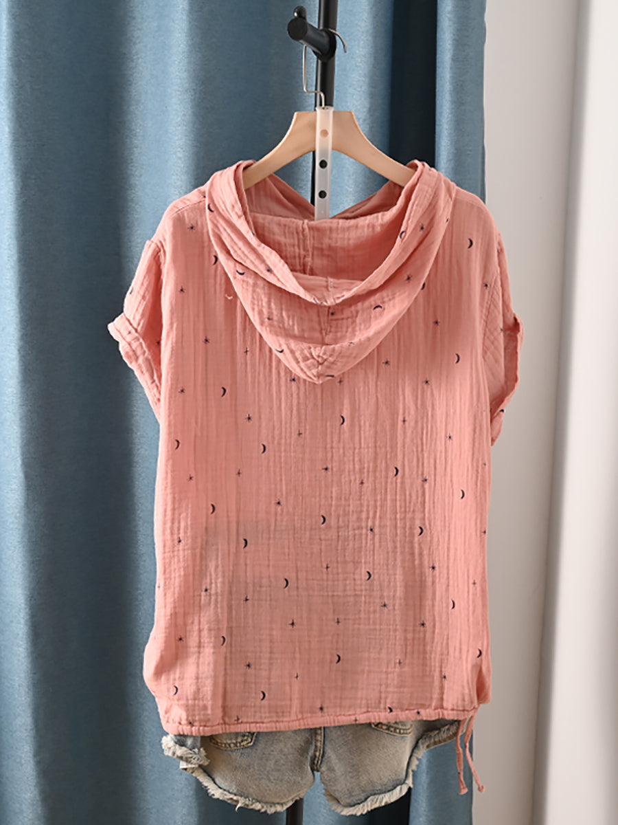 Plus Size Women Summer Casual Print Hooded 100%Cotton Hoodie