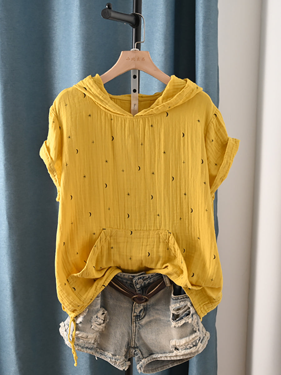Plus Size Women Summer Casual Print Hooded 100%Cotton Hoodie
