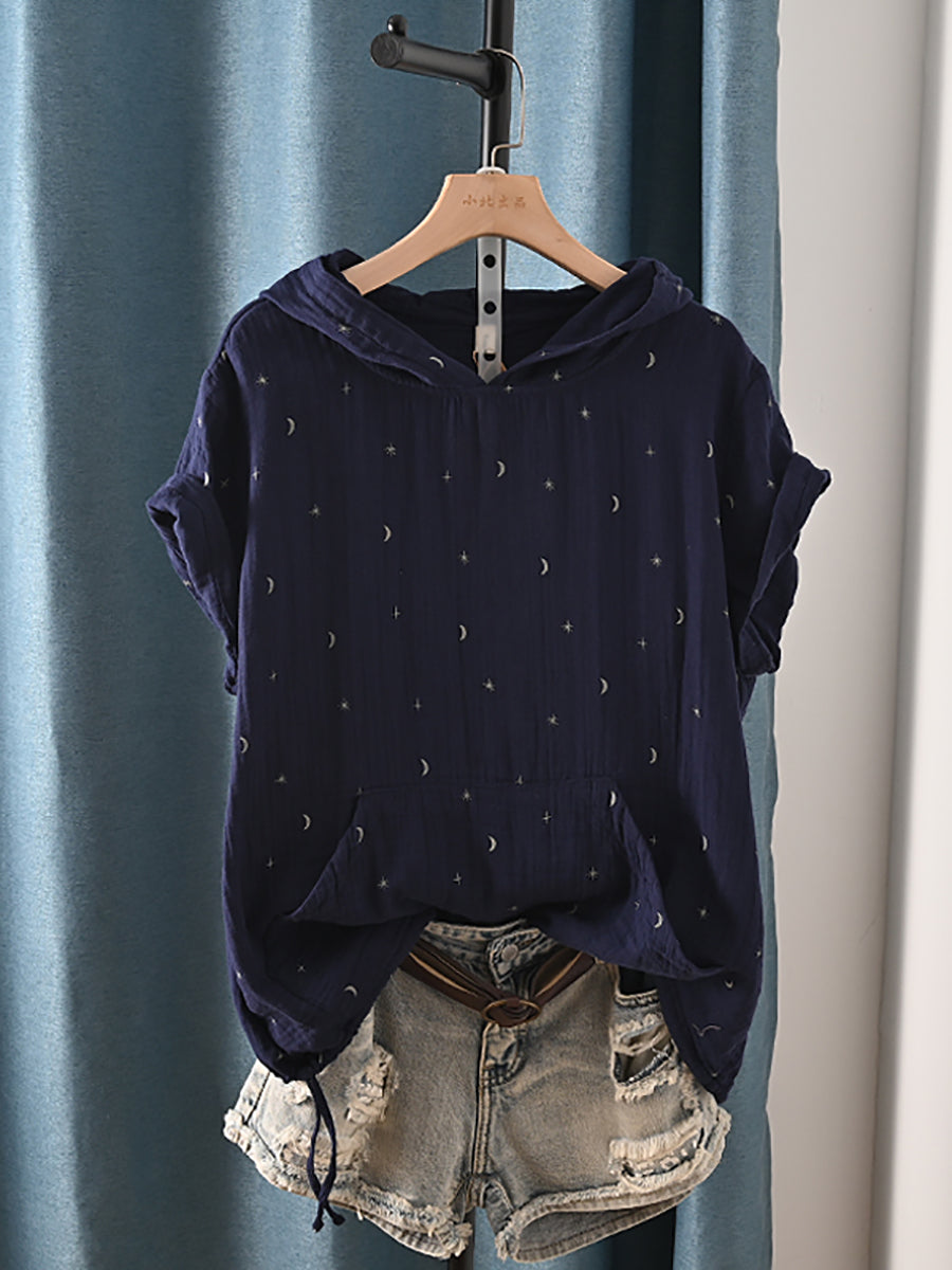 Plus Size Women Summer Casual Print Hooded 100%Cotton Hoodie