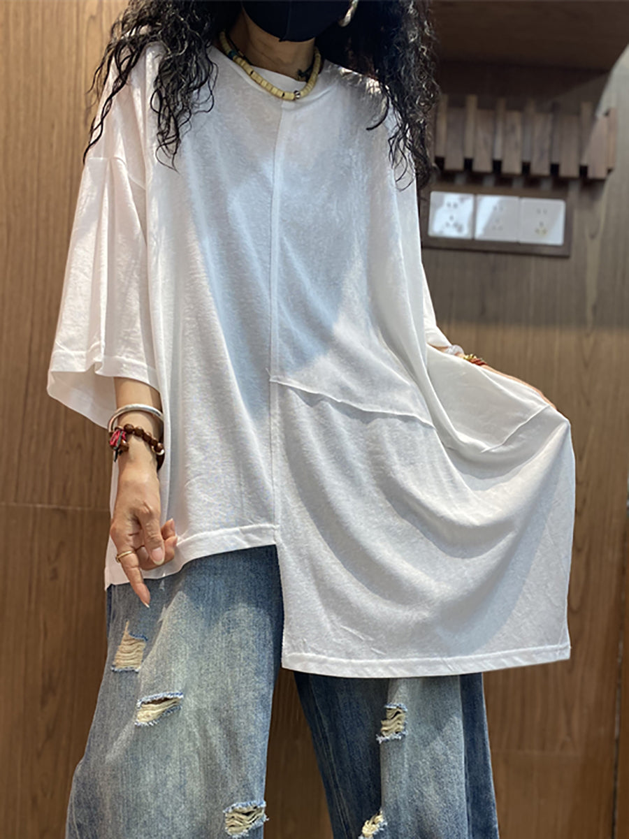 Plus Size Women Summer Casual Irregular Spliced O-Neck Lyocell T-Shirt