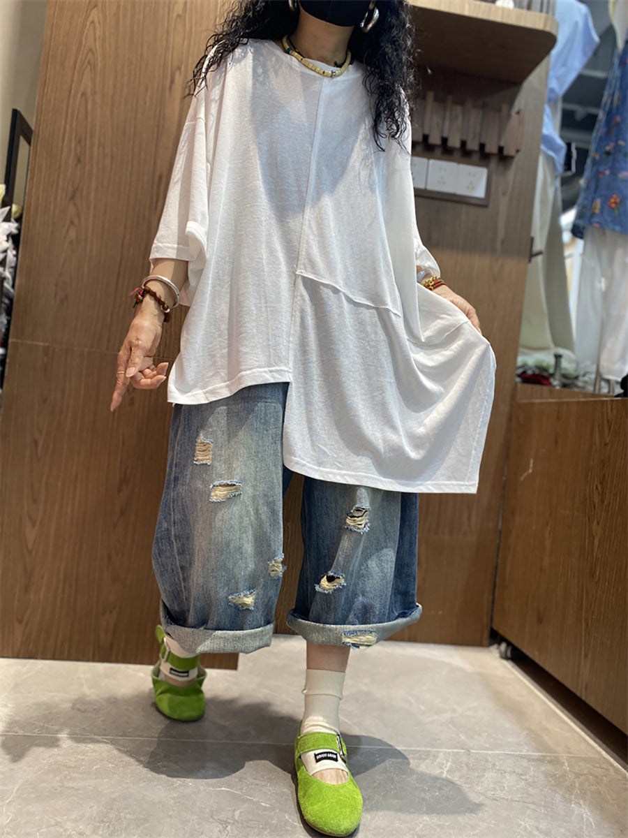 Plus Size Women Summer Casual Irregular Spliced O-Neck Lyocell T-Shirt