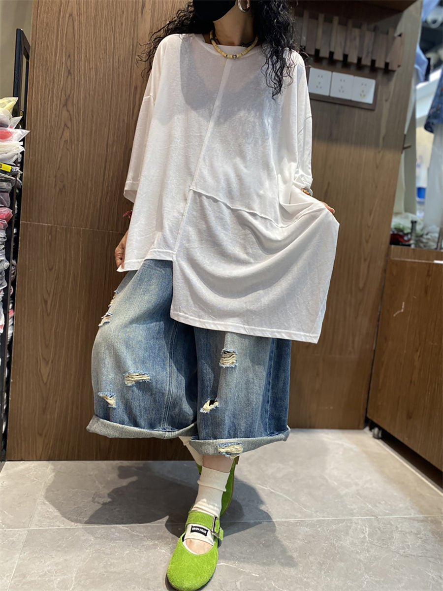 Plus Size Women Summer Casual Irregular Spliced O-Neck Lyocell T-Shirt