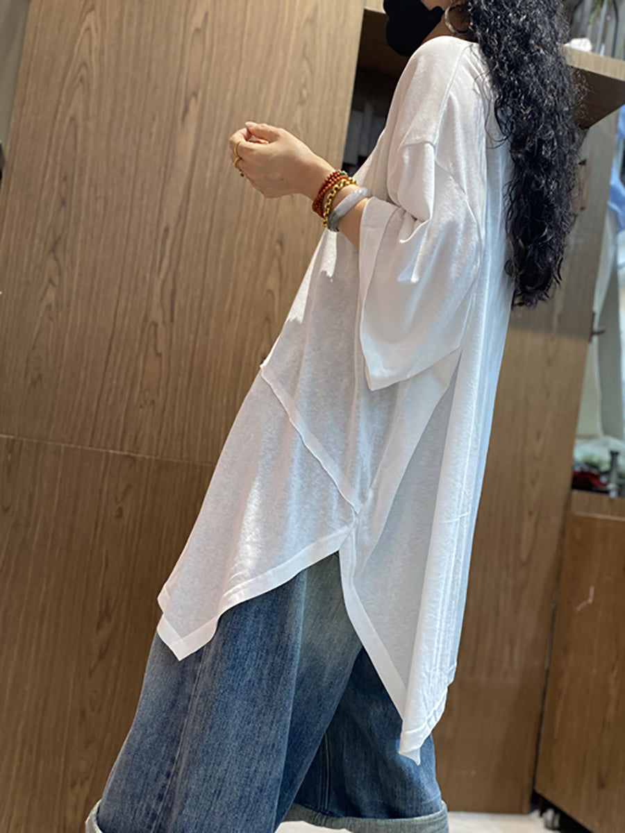 Plus Size Women Summer Casual Irregular Spliced O-Neck Lyocell T-Shirt