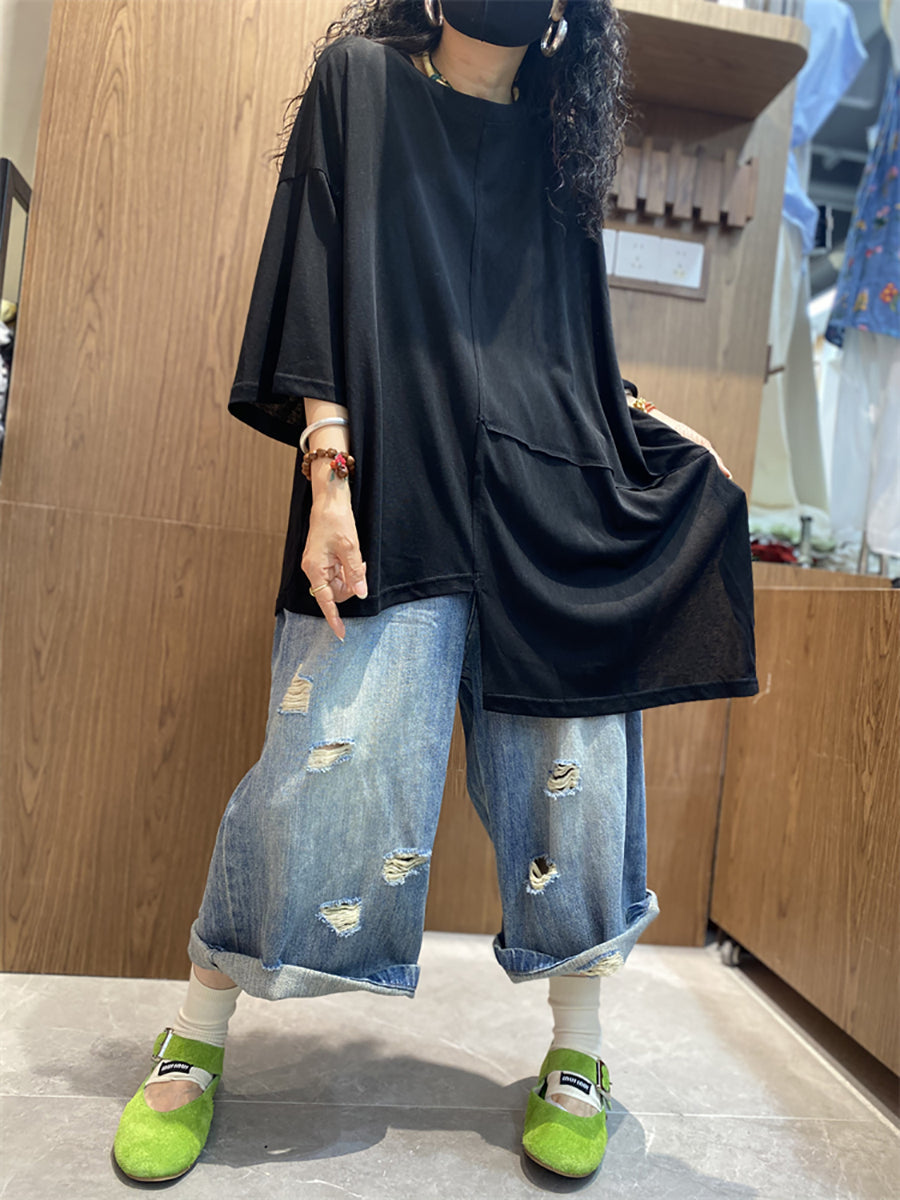 Plus Size Women Summer Casual Irregular Spliced O-Neck Lyocell T-Shirt
