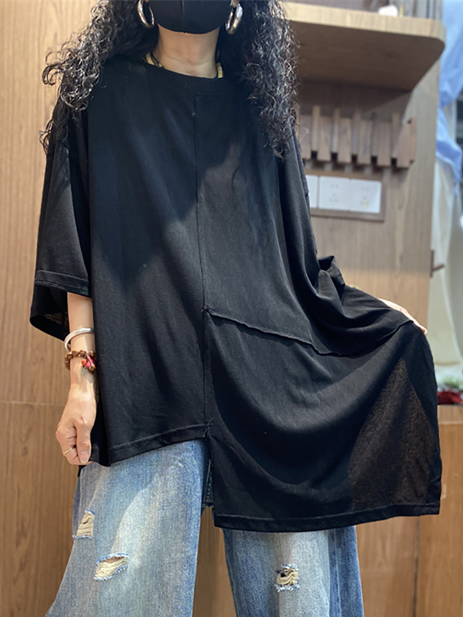Plus Size Women Summer Casual Irregular Spliced O-Neck Lyocell T-Shirt