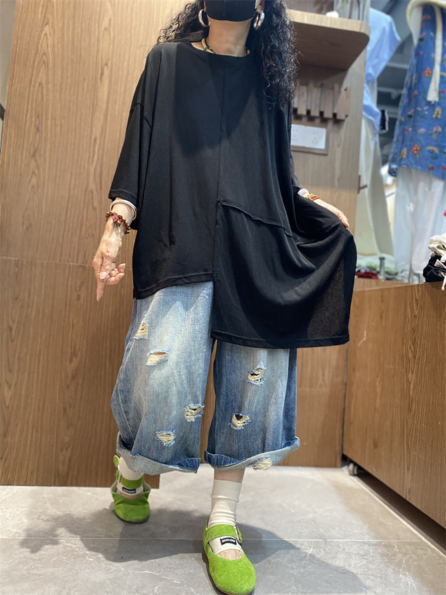 Plus Size Women Summer Casual Irregular Spliced O-Neck Lyocell T-Shirt