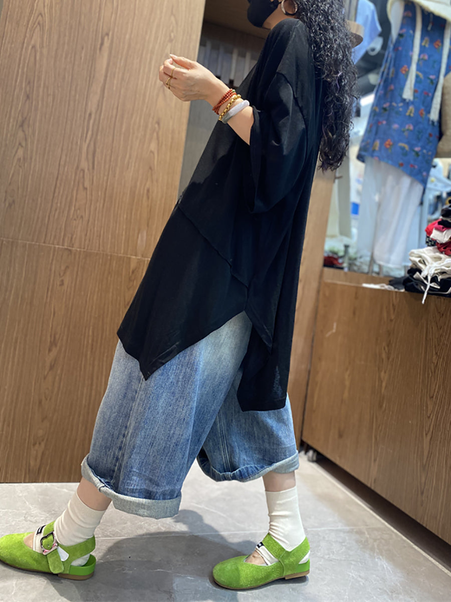 Plus Size Women Summer Casual Irregular Spliced O-Neck Lyocell T-Shirt