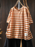 Plus Size Women Summer Casual Colorblock Stripe O-Neck Cotton T-Shirt