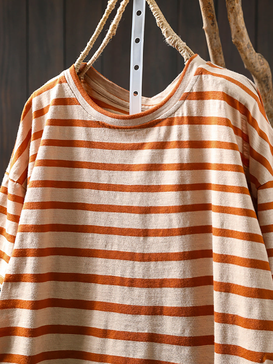 Plus Size Women Summer Casual Colorblock Stripe O-Neck Cotton T-Shirt