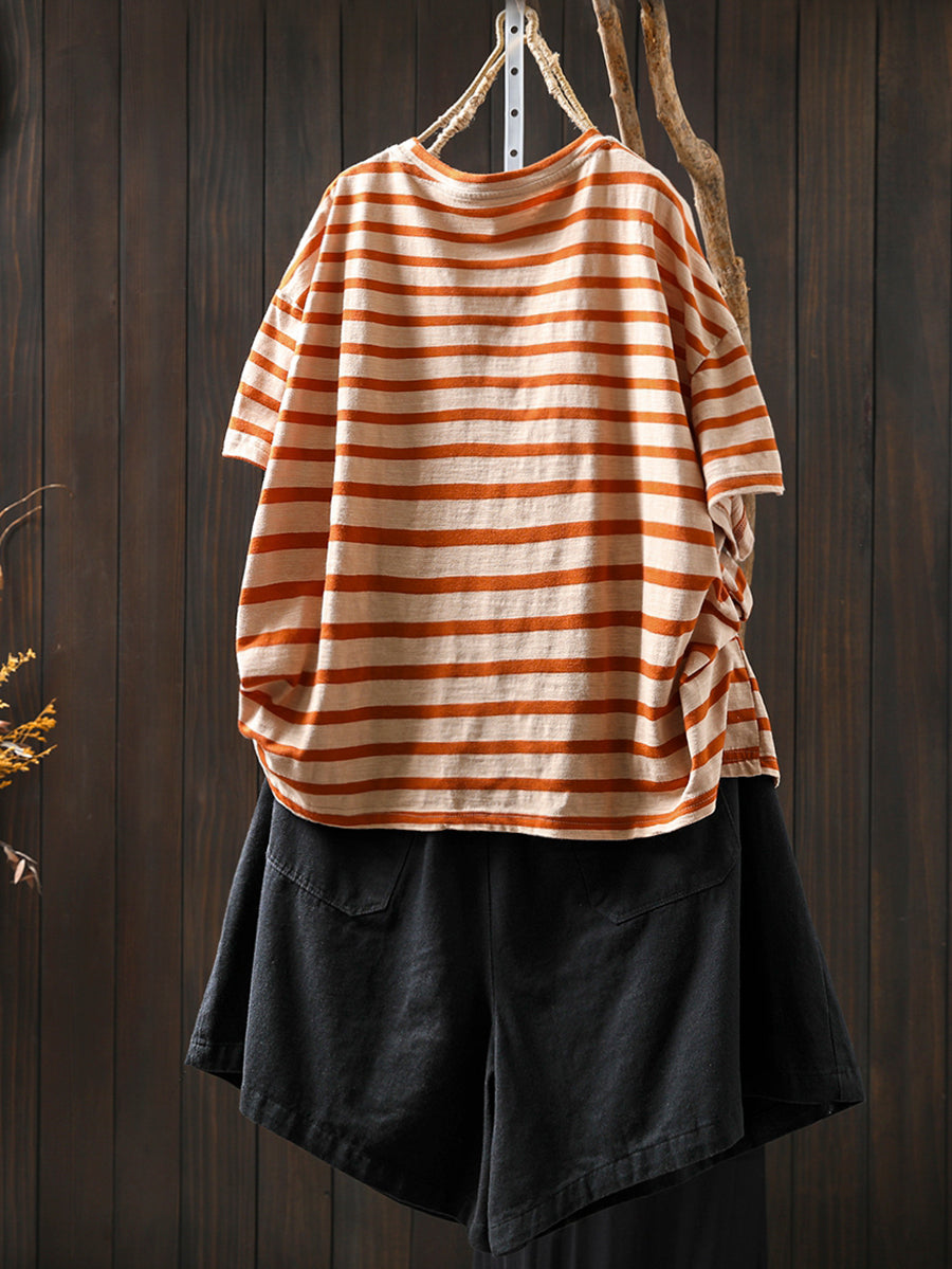 Plus Size Women Summer Casual Colorblock Stripe O-Neck Cotton T-Shirt