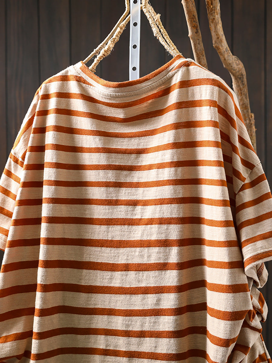 Plus Size Women Summer Casual Colorblock Stripe O-Neck Cotton T-Shirt