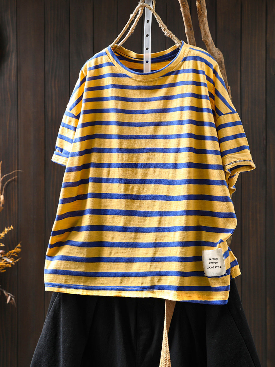 Plus Size Women Summer Casual Colorblock Stripe O-Neck Cotton T-Shirt