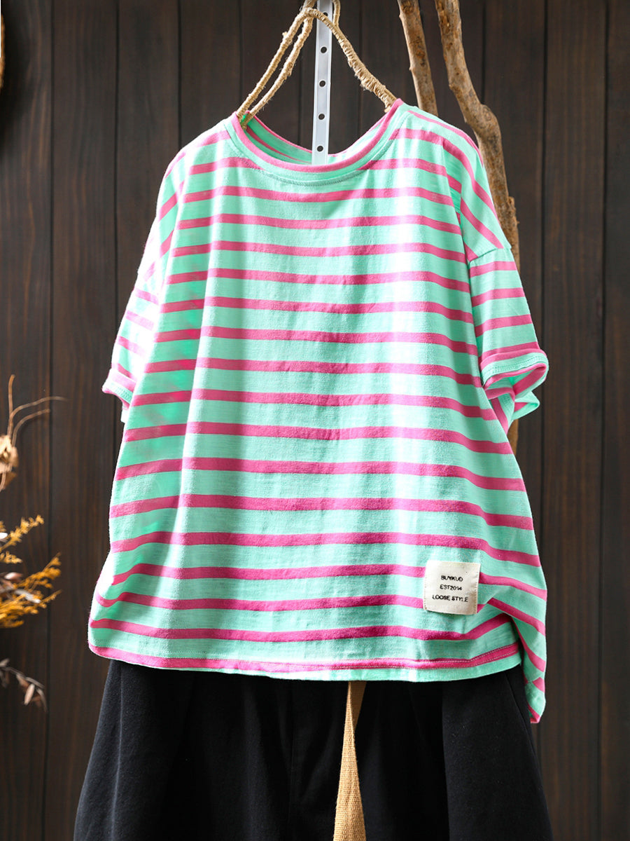 Plus Size Women Summer Casual Colorblock Stripe O-Neck Cotton T-Shirt