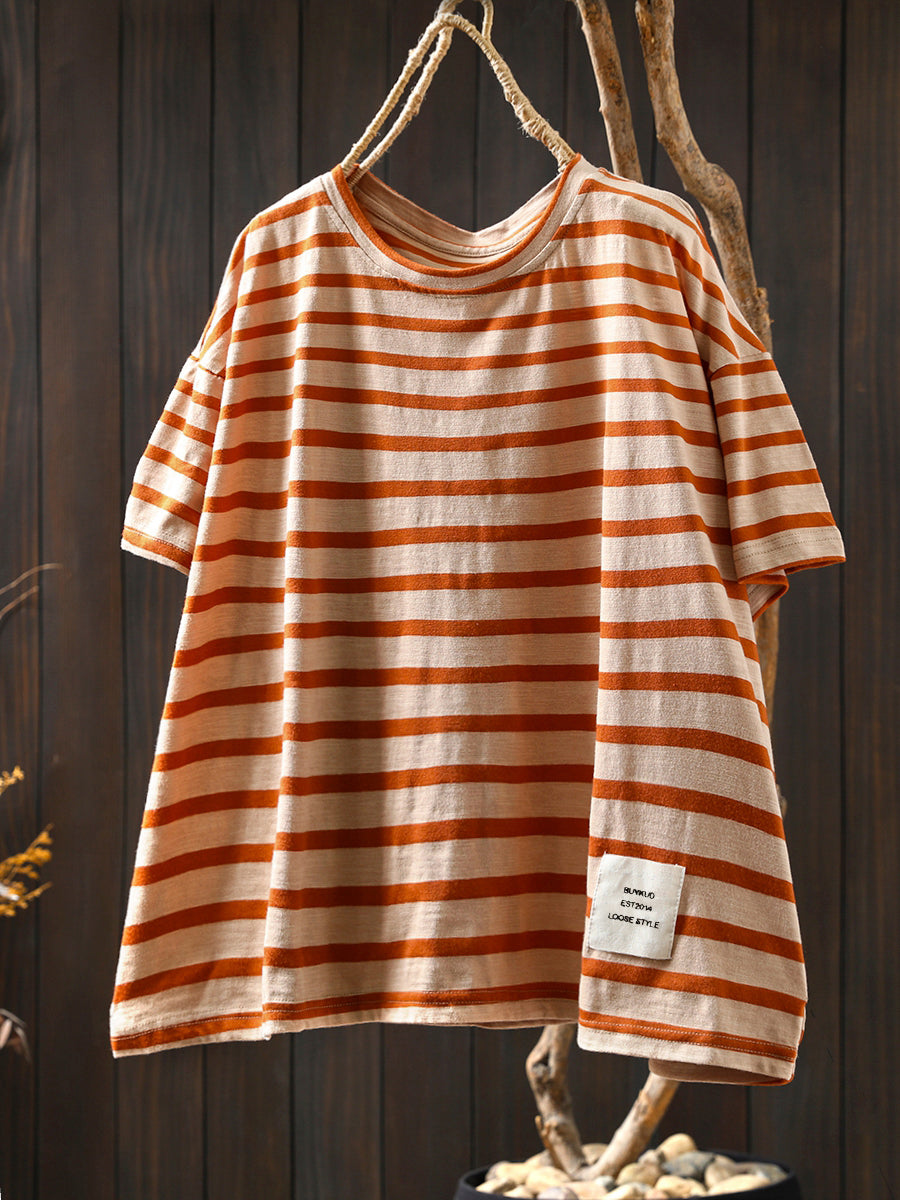Plus Size Women Summer Casual Colorblock Stripe O-Neck Cotton T-Shirt