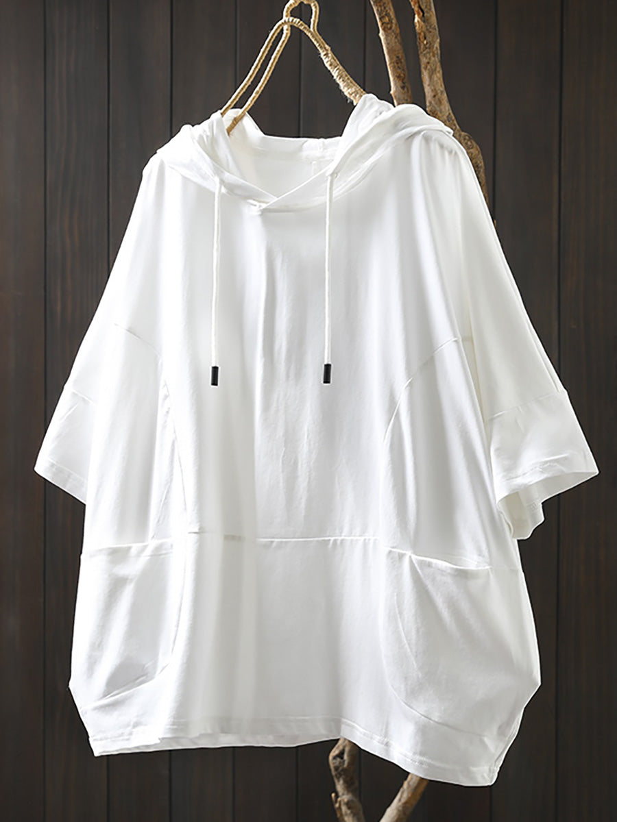 Plus Size Women Summer Casual Pure Color Hooded Cotton Hoodie