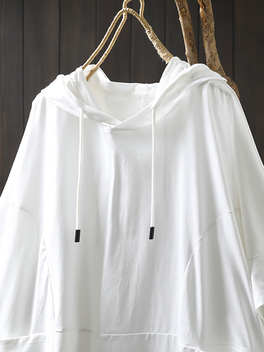 Plus Size Women Summer Casual Pure Color Hooded Cotton Hoodie