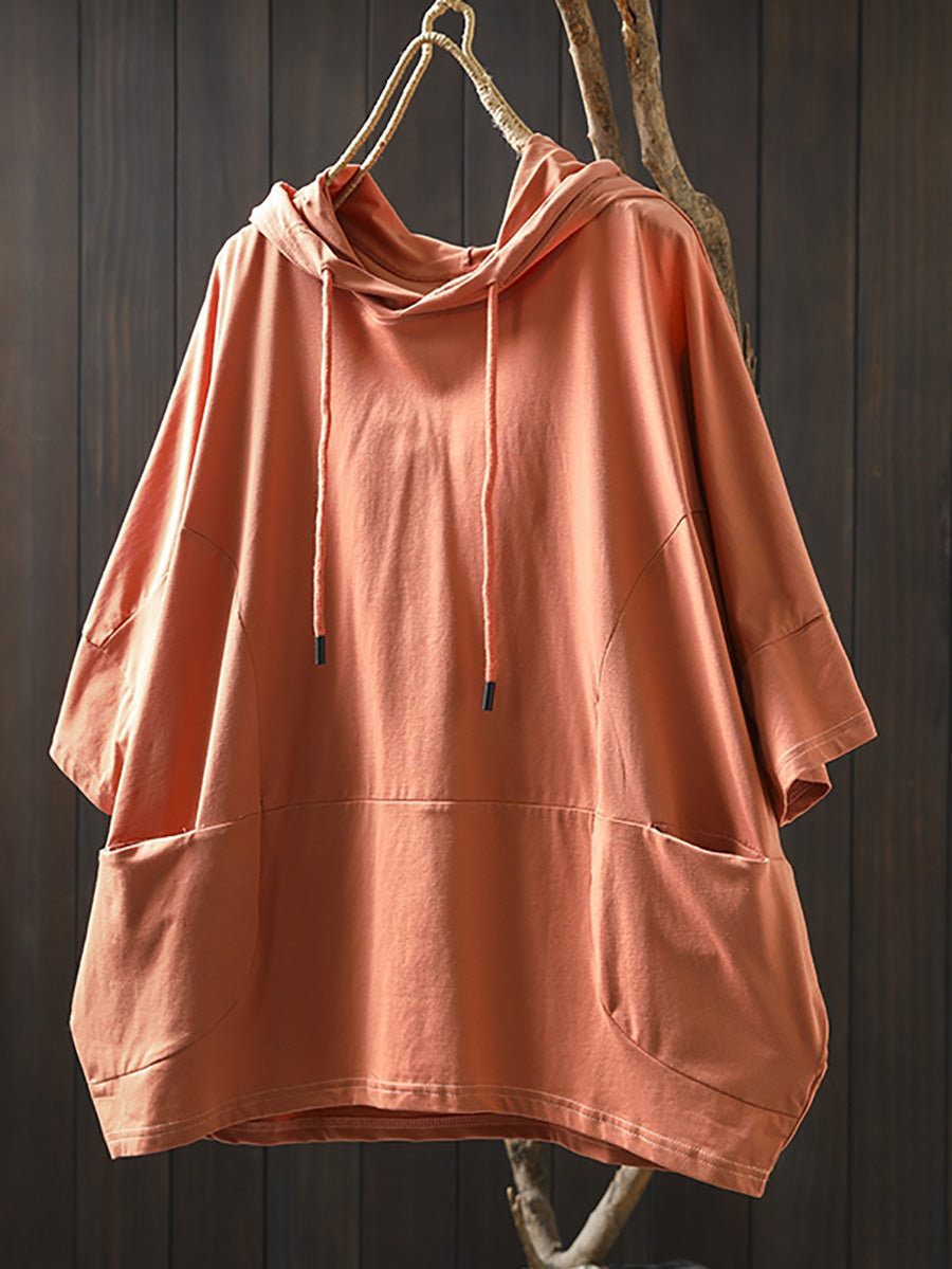 Plus Size Women Summer Casual Pure Color Hooded Cotton Hoodie