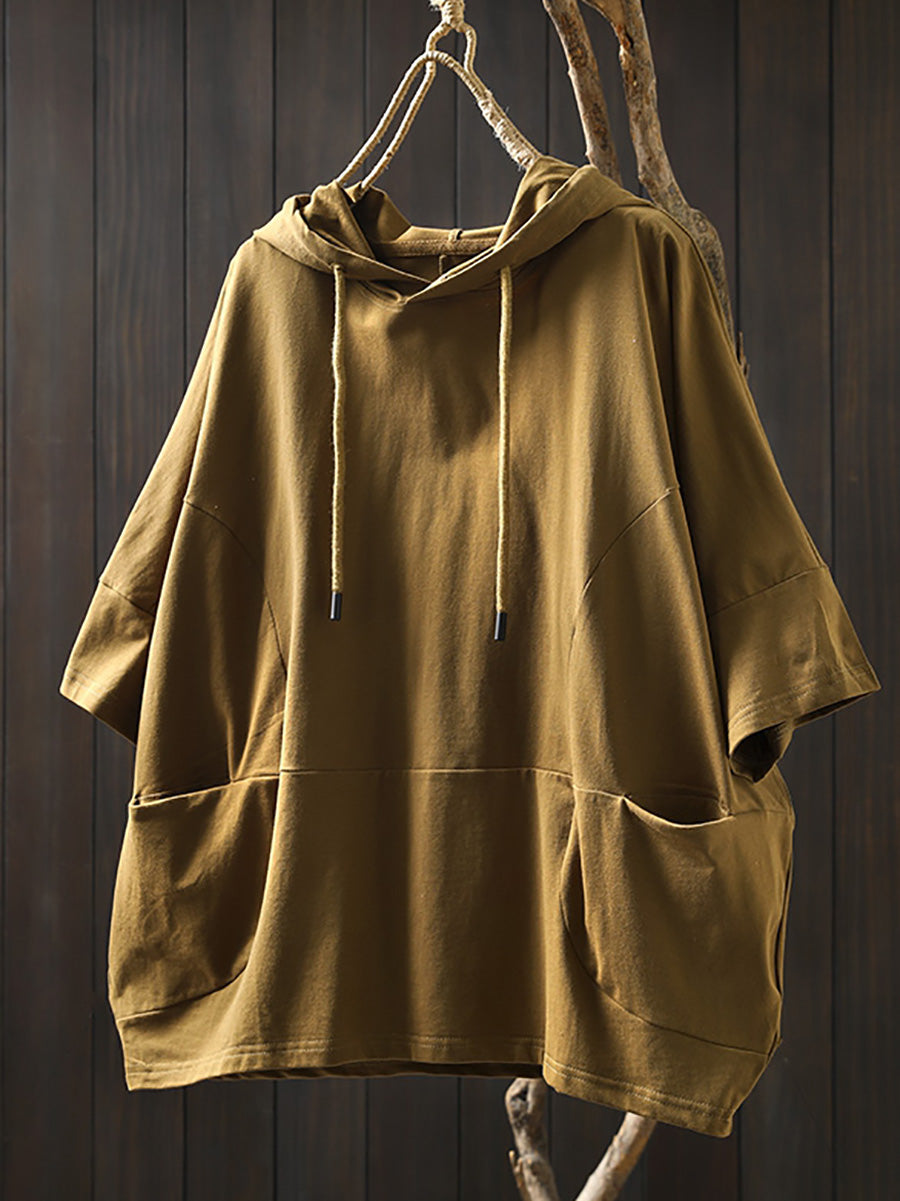 Plus Size Women Summer Casual Pure Color Hooded Cotton Hoodie