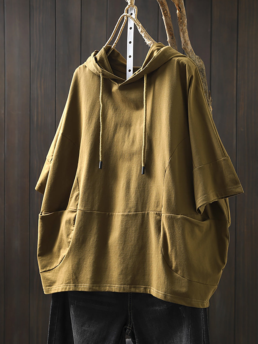 Plus Size Women Summer Casual Pure Color Hooded Cotton Hoodie