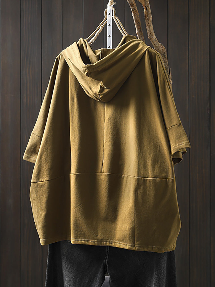 Plus Size Women Summer Casual Pure Color Hooded Cotton Hoodie