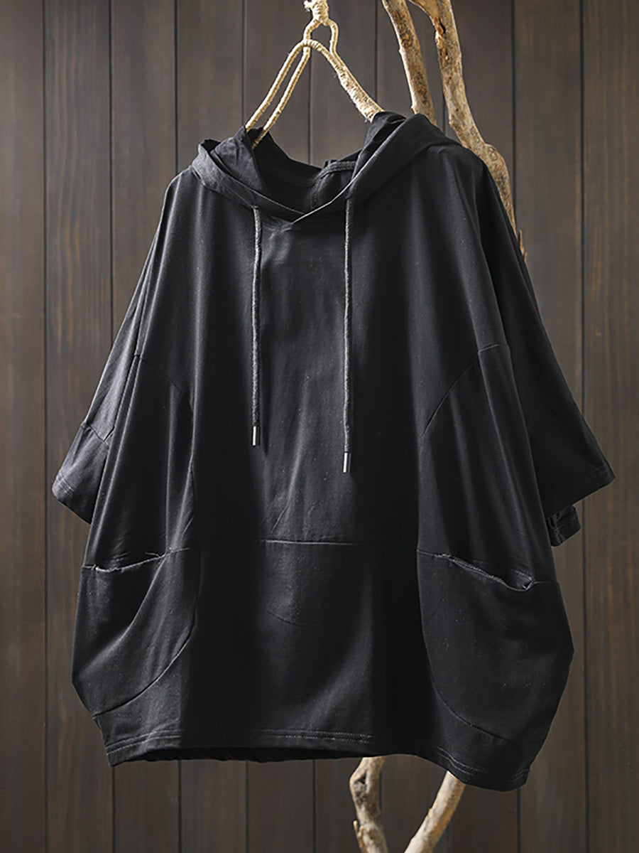 Plus Size Women Summer Casual Pure Color Hooded Cotton Hoodie