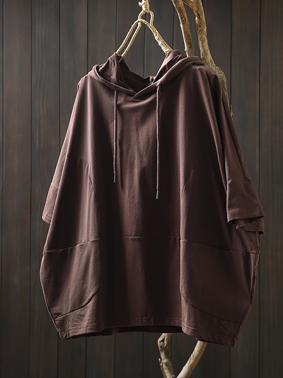 Plus Size Women Summer Casual Pure Color Hooded Cotton Hoodie