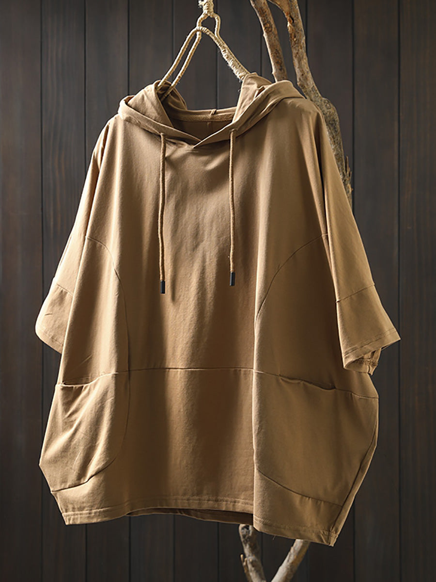Plus Size Women Summer Casual Pure Color Hooded Cotton Hoodie